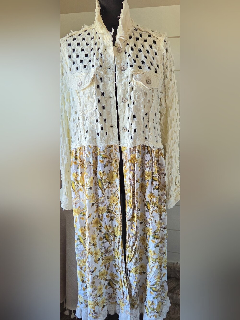 POL Yellow Mixed Media Crochet Sunny Floral Duster Shacket Open Denim Jacket M
